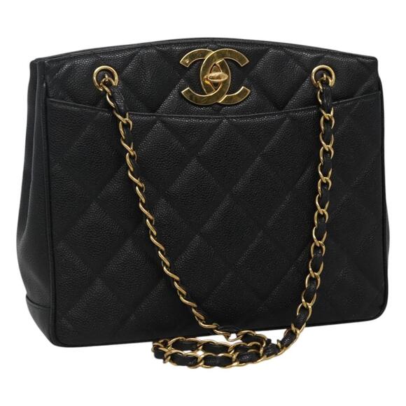 CHANEL Matelasse Chain Shoulder Bag Caviar Skin Black Gold CC - Picture 1 of 16